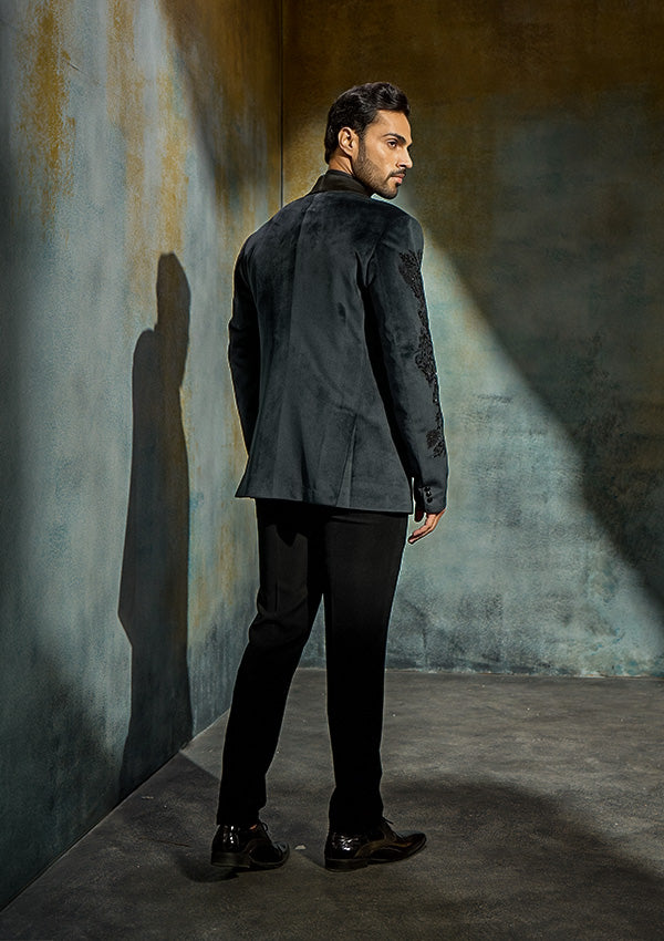 Grey Suede Velvet Suit with Cutdana & Moti Work