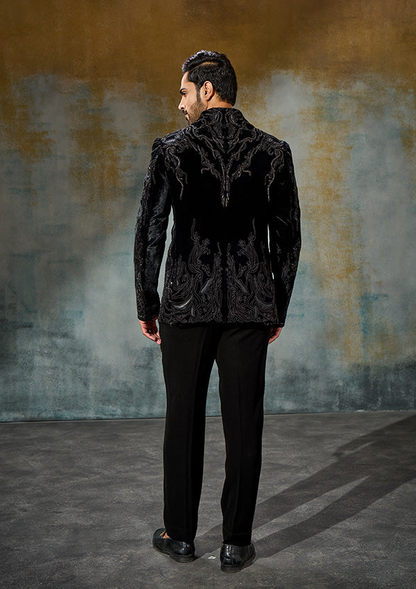 Black Velvet Suit with Appliqué & Cutdana Work