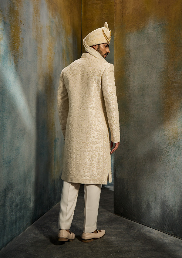 Off White Raw Silk Sherwani with Modal Satin Shawl & Moti Work