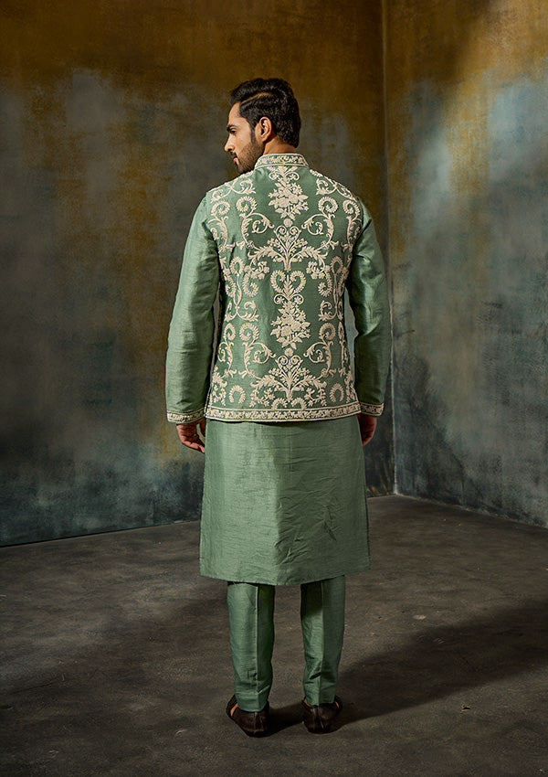 Green Dipone Raw Silk Kurta Pajama with Dori & Moti Work Koti