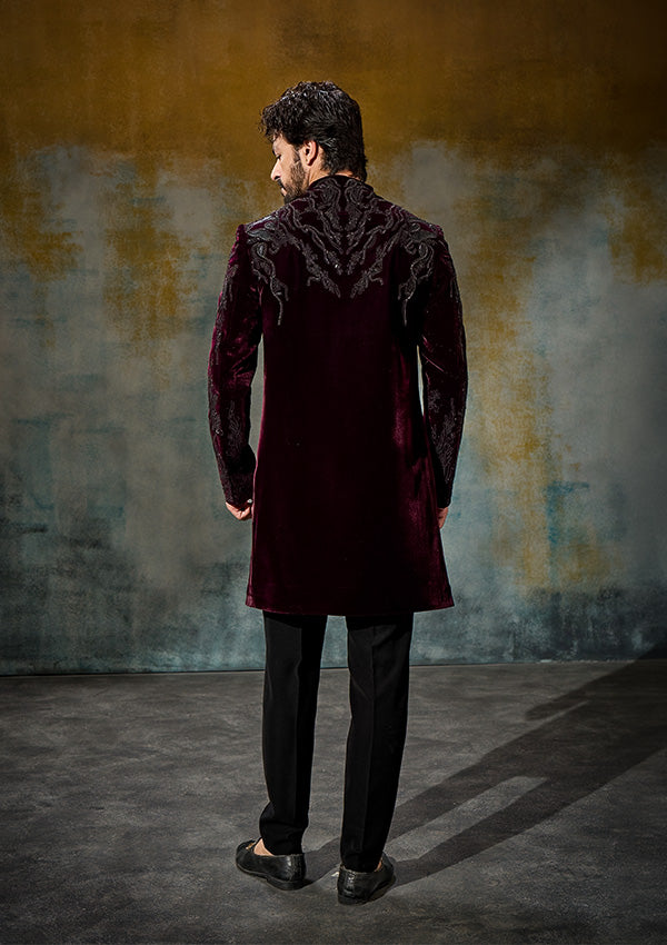 Wine Velvet Indo Western with Appliqué & Cutdana Work
