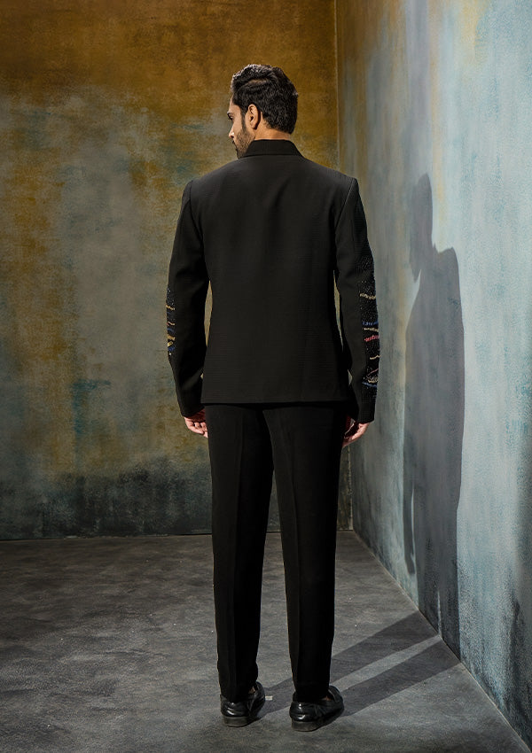 Black Poly Viscose Blazer with Coloured Cutdana & Beadwork