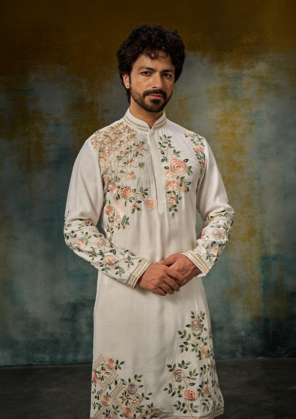 Off White Premium Silk Kurta Pajama with Multicolour Threadwork