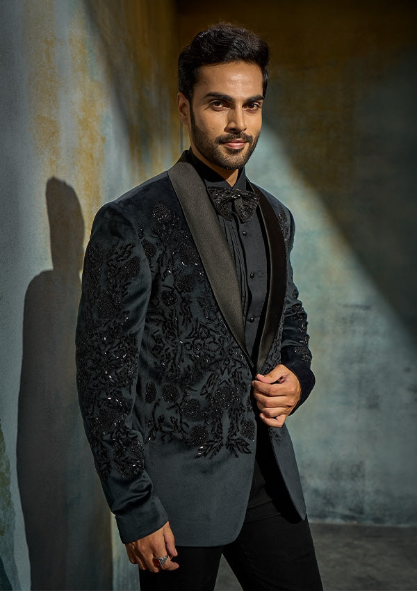 Grey Suede Velvet Suit with Cutdana & Moti Work