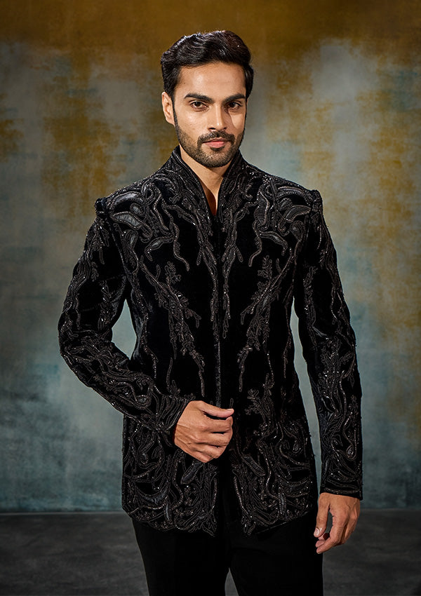 Black Velvet Suit with Appliqué & Cutdana Work