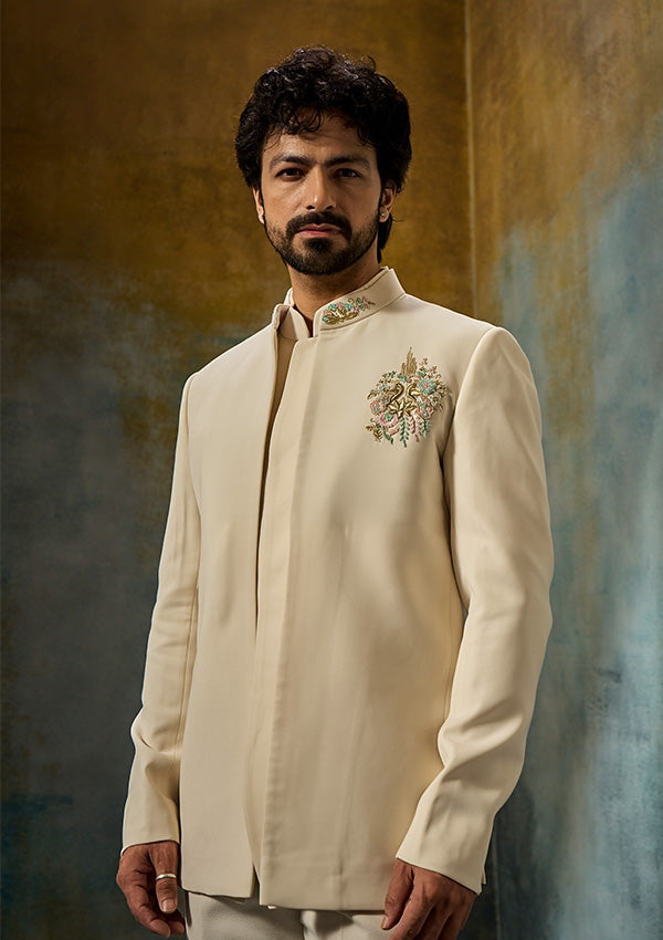 Off White Poly Viscose Jodhpuri & Vest with Motif Detailing