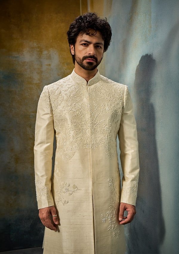Off White Raw Silk Sherwani Pajama with All-Over Cutdana Work