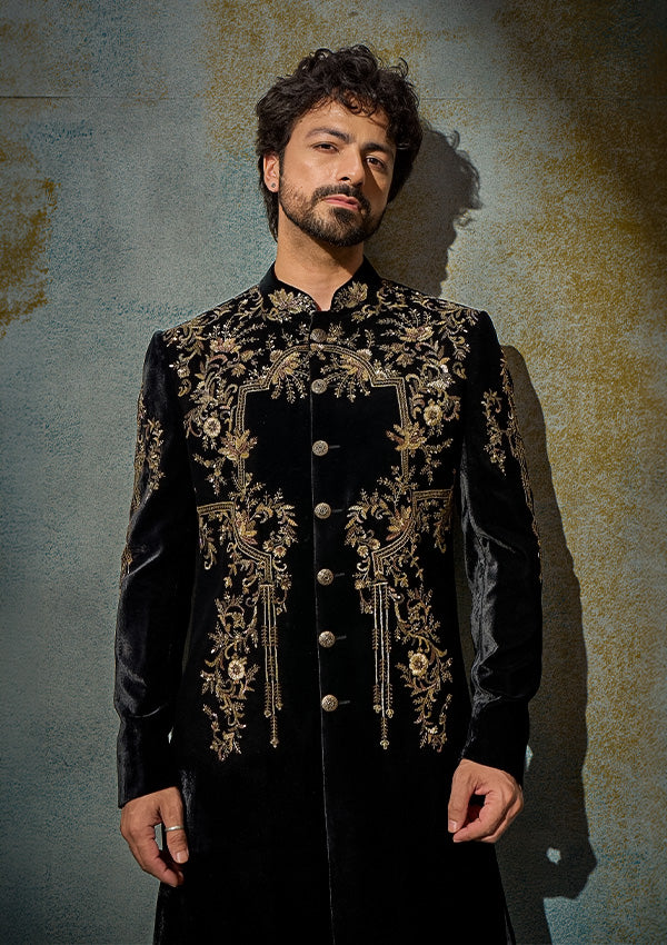 Black Velvet Sherwani Pajama with Zardozi & Kasab Work