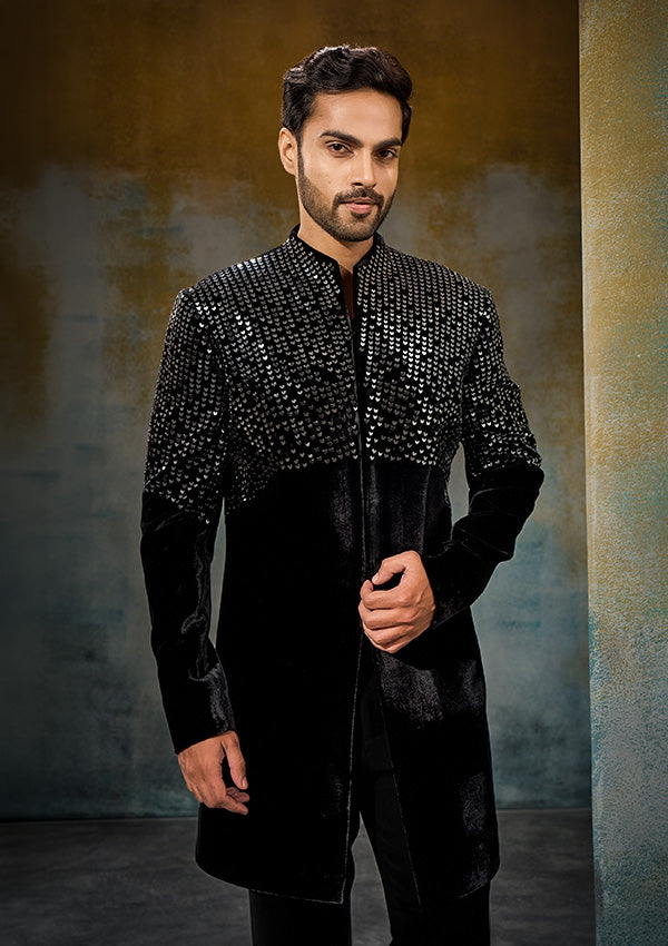 Black Velvet Indo Western with Gunmetal Work