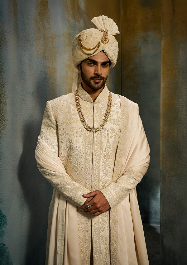 Off White Raw Silk Sherwani with Modal Satin Shawl & Moti Work