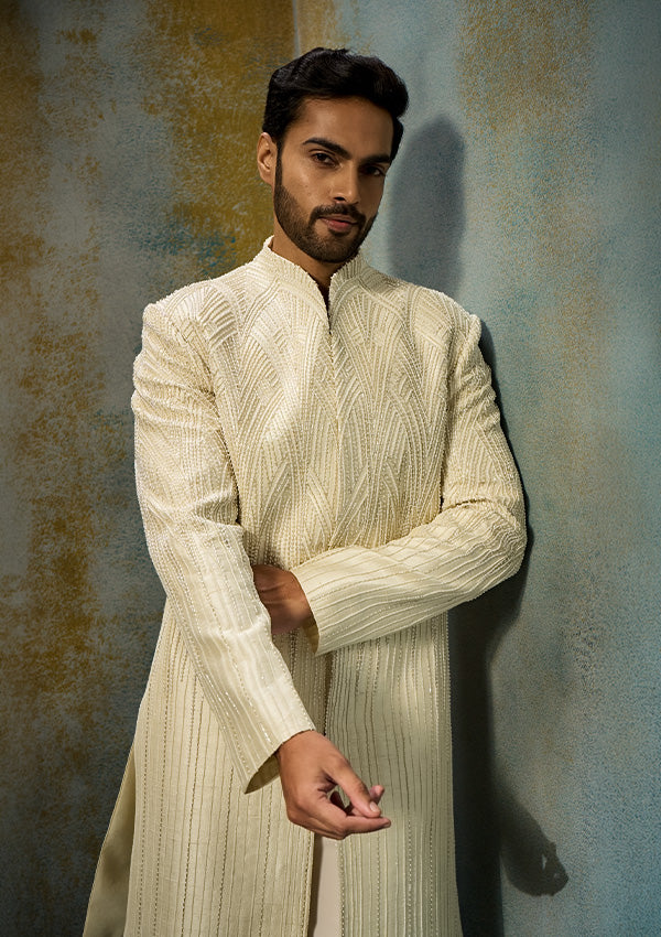 Ivory Raw Silk Sherwani Pajama with All-Over Pearl Moti Work