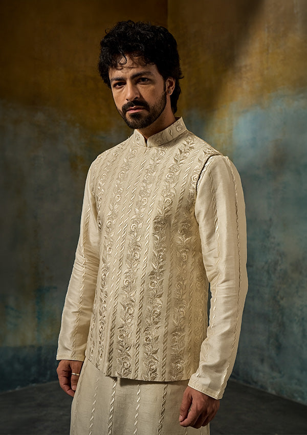 Light Gold Organza Kurta Pajama with All-Over Machine Work Koti