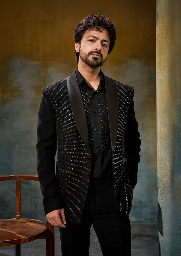 Black Poly Viscose Tuxedo with Gunmetal Work
