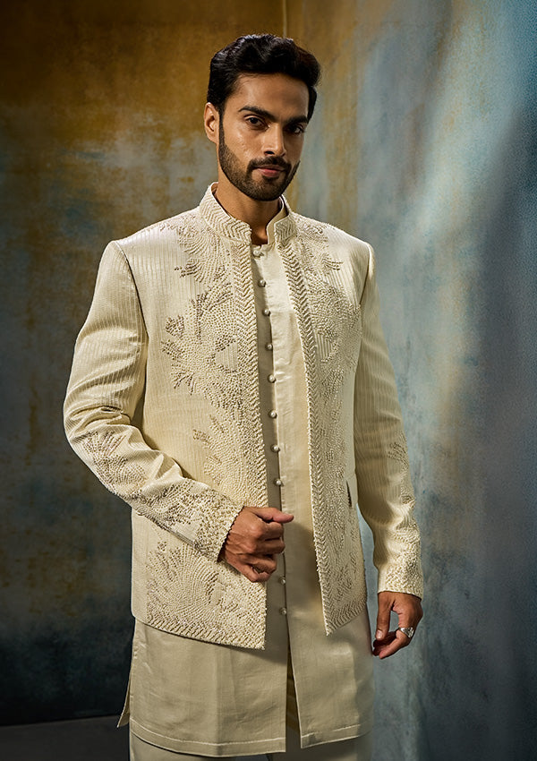 Light Gold Tissue Silk Jodhpuri Kurta Pajama with Moti & Threadwork
