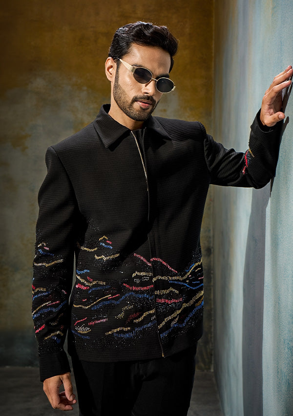 Black Poly Viscose Blazer with Coloured Cutdana & Beadwork