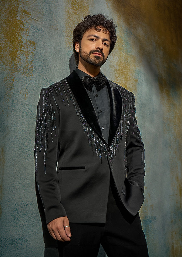 Black Poly Viscose Suit with Multicolour Cutdana Work