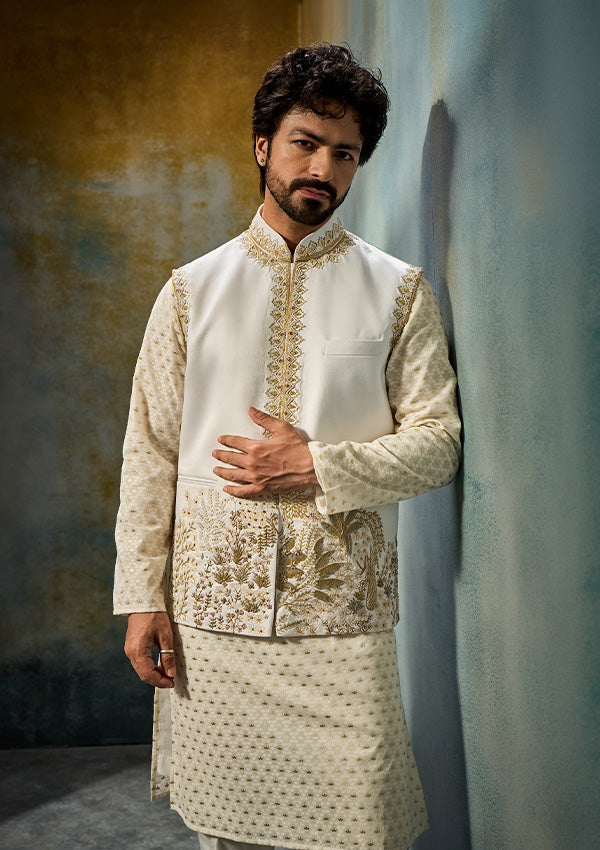 Off White Buti Kurta Pajama with Linen Satin Koti & Zardozi Work