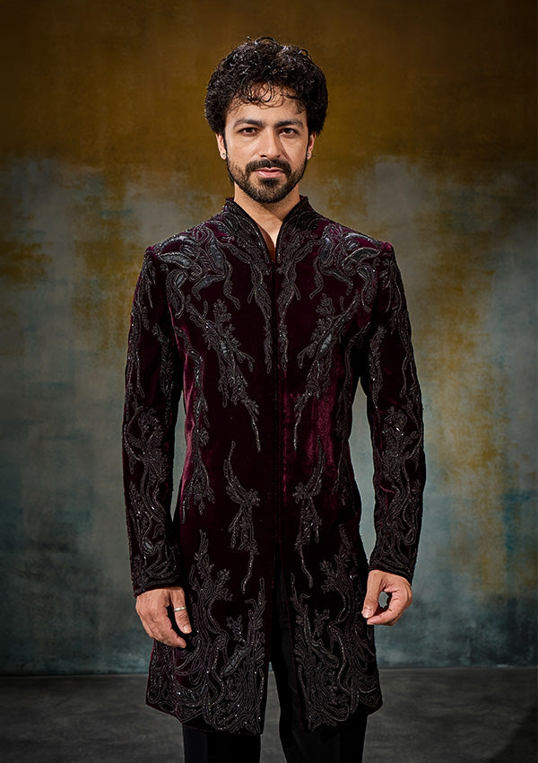Wine Velvet Indo Western with Appliqué & Cutdana Work