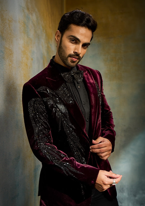 Wine Velvet Suit with Salli & Cut Diamond Work