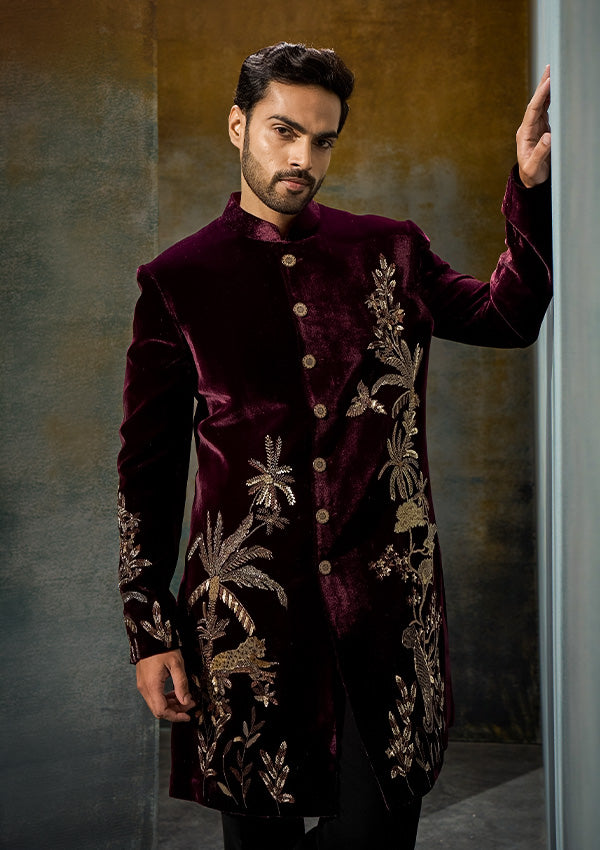 Wine Velvet Indo Western with Pita Kasab Work