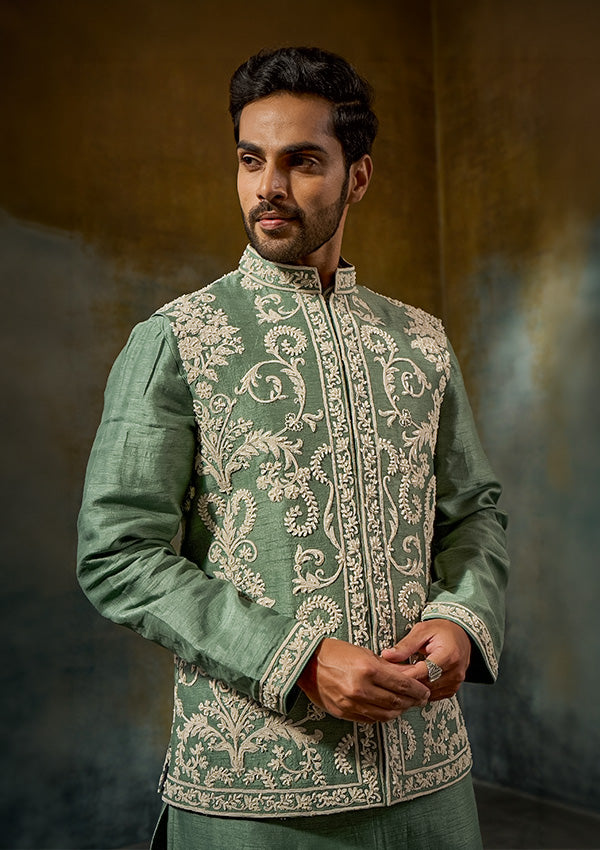 Green Dipone Raw Silk Kurta Pajama with Dori & Moti Work Koti
