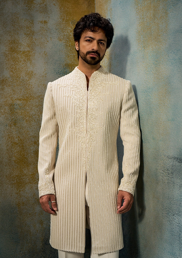 Ivory Raw Silk Sherwani Pajama with Tonal Embroidery & Moti Work