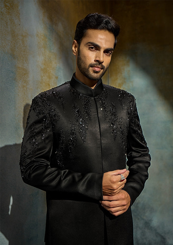 Black Poly Viscose Jodhpuri with Cutdana, Moti, Pearl & Bead Work