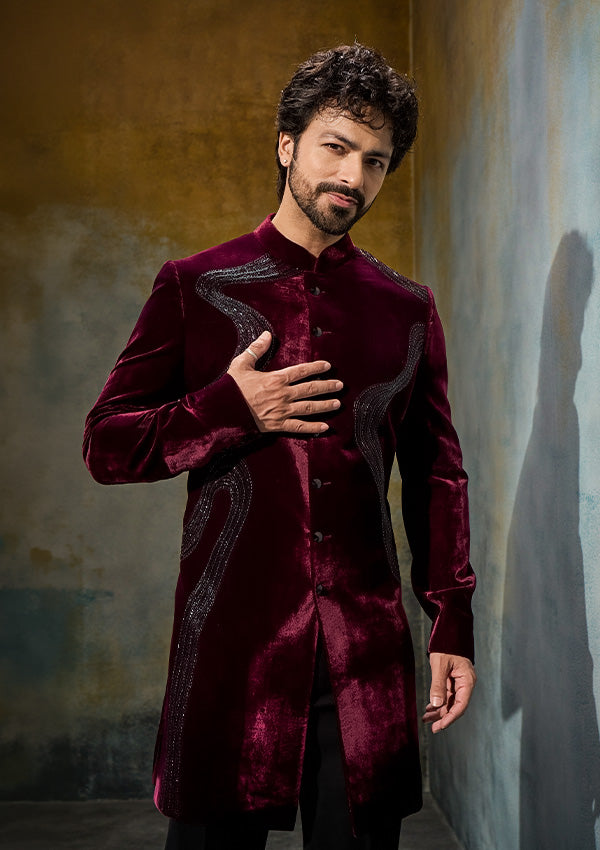 Wine Velvet Indo Western with Cutdana Work