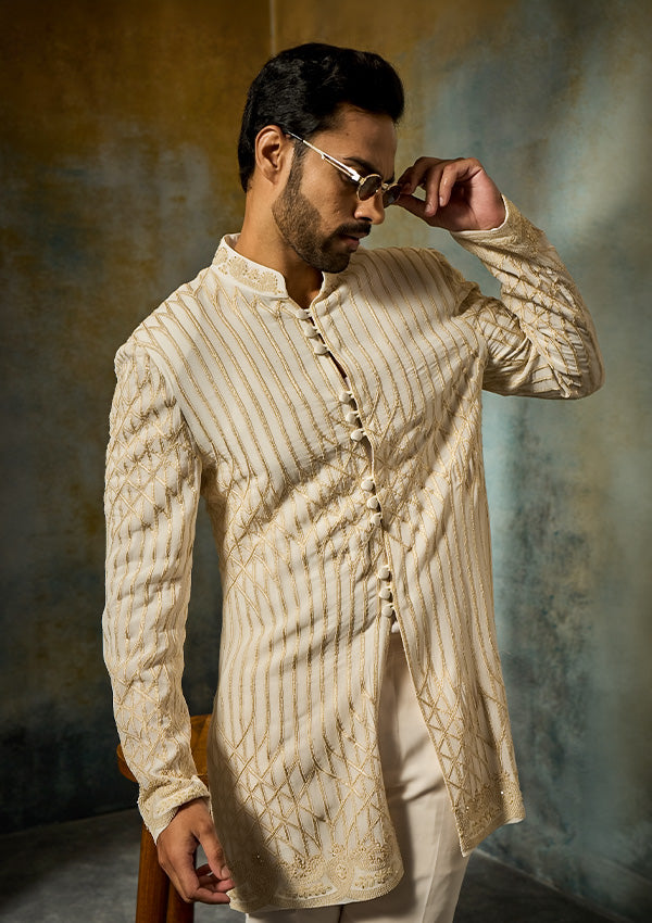 Off White Georgette Indo Western with All-Over Threadwork