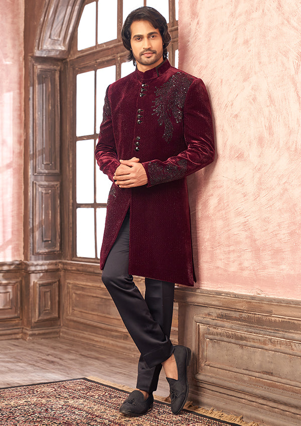 Wine Velvet Indo Western with Cut Moti Work