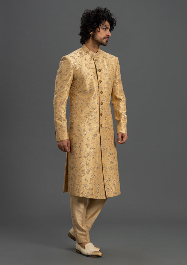 Gold Raw Silk Sherwani With Zardozi and Threadwork