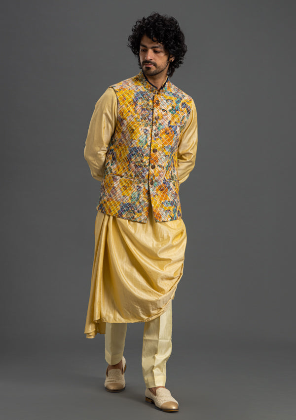 Yellow Stitch Embroidered Bandi With Kurta Pyjama