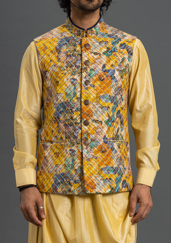Yellow Stitch Embroidered Bandi With Kurta Pyjama