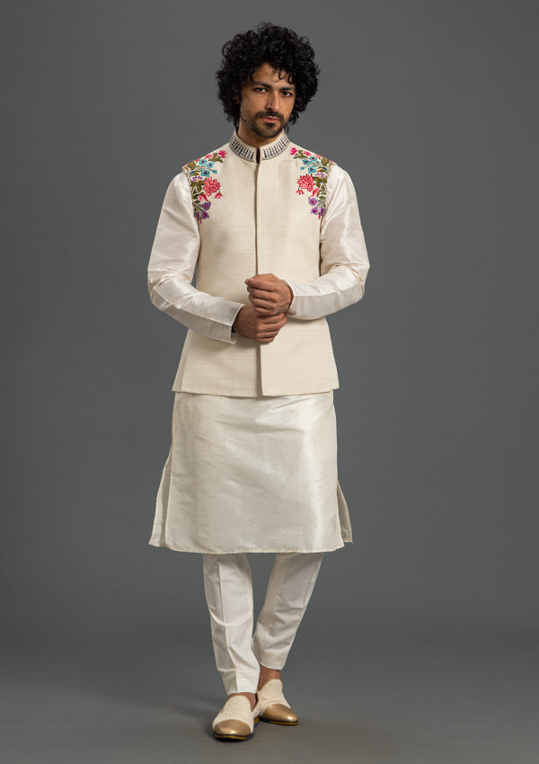 Off White Silk Bandi Jacket with Embroidered and Multi-Coloured Threadwork