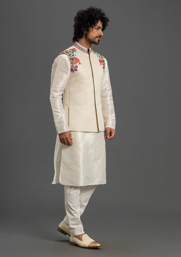 Off White Silk Bandi Jacket with Embroidered and Multi-Coloured Threadwork