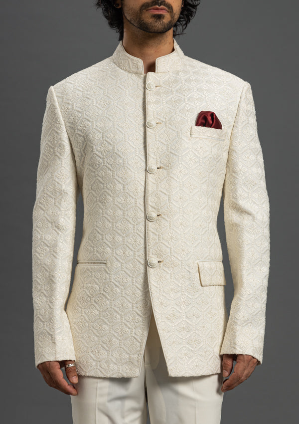 White Chanderi Bandhgala With Embroidery & Cut Dana Work