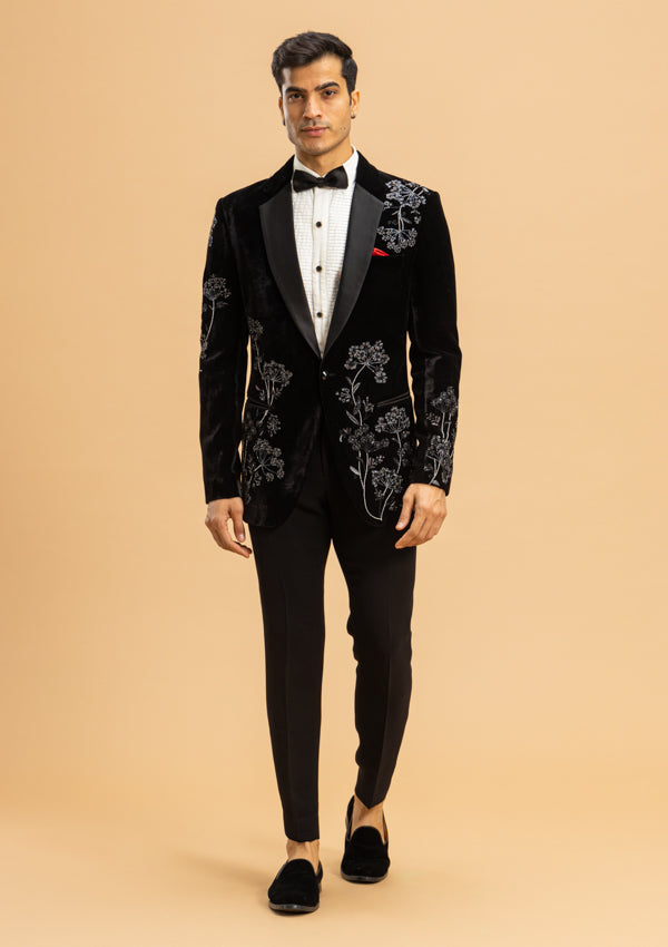 Black Velvet Suit with Silver cut moti & Thread work