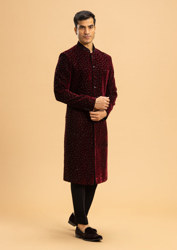 Wine Red Velvet Sherwani with Wi-fi Design – MILLIONAIRE FASHIONS