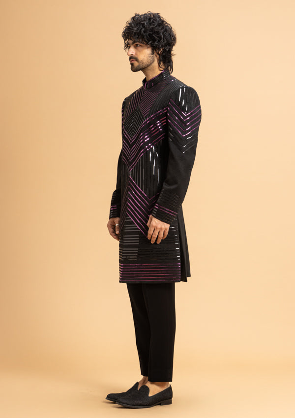 Black Italian Shimmer Fabric Indo Western Sherwani