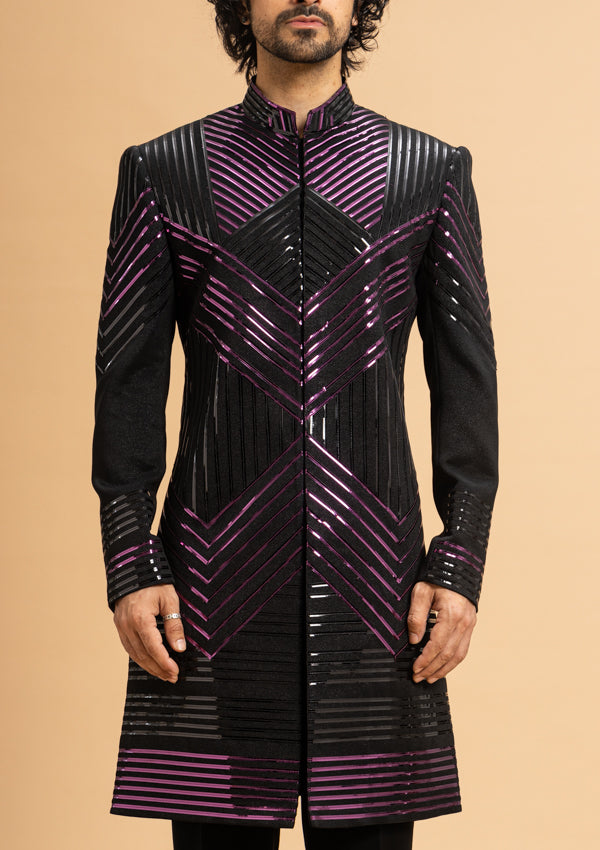 Black Italian Shimmer Indo Western with Multi Color Patti work ...