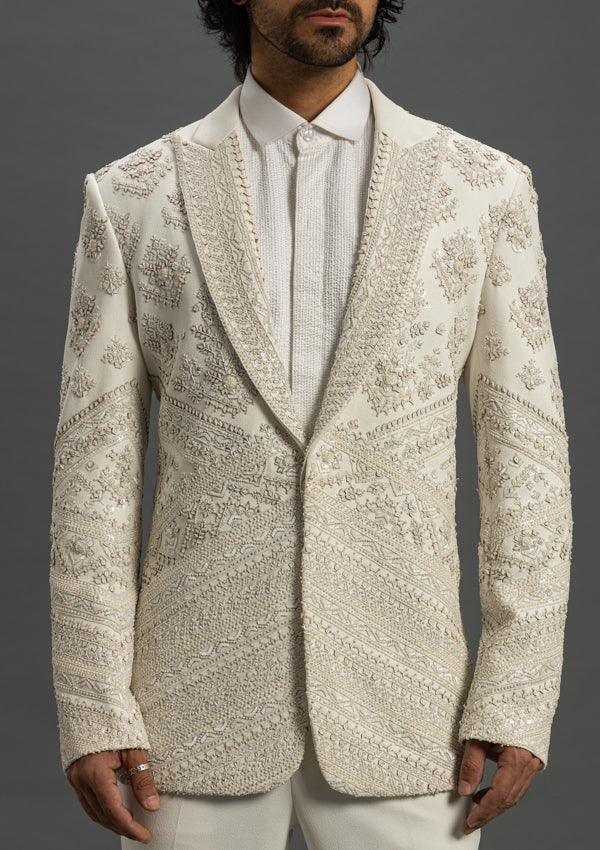 White Italian Poly Viscose Suit With Embroidery & Cut Dana