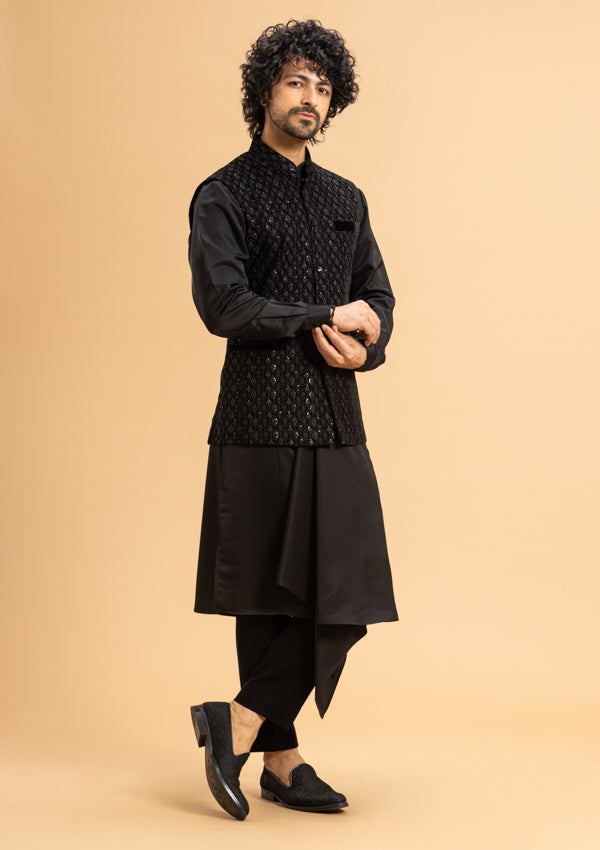 Black Satin Kurta With Print fabric Tikki Embroidered Koti