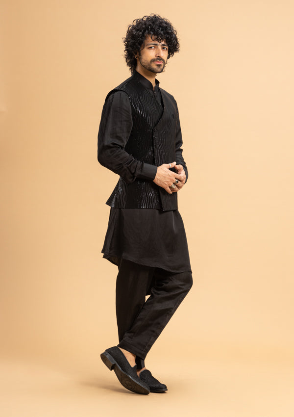 Black Satin Bandi Jacket with Tikki Embroidered Koti