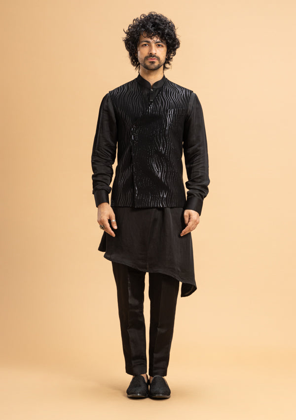 Black Satin Bandi Jacket with Tikki Embroidered Koti