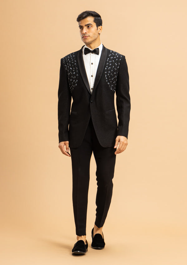 Black Italian Shimmer Suit with Cut dana Moti Work