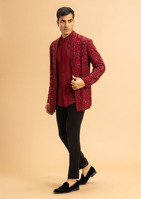 Red Cut Dana  Embroidered Bandhgala Outfit