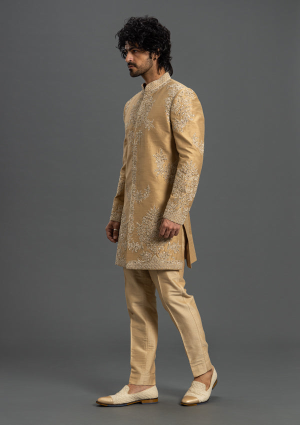 Dark Gold Raw Silk Sherwani With Thread work Zardozi & Cut Dana