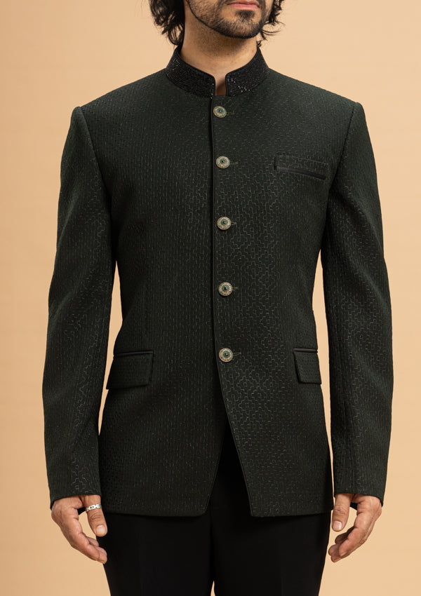 Black Italian Print Fabric Bandhgala Suit with Cut Dana Work