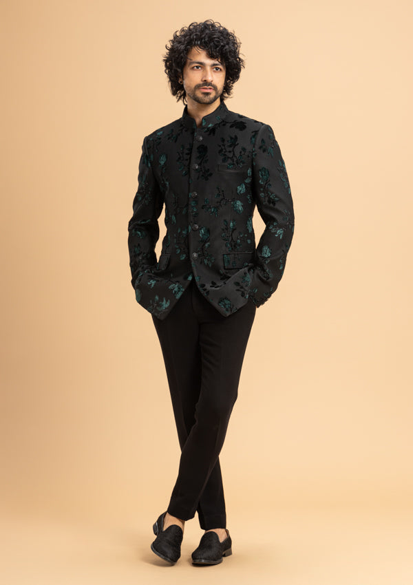 Black Flower Print Bandhgala Suit