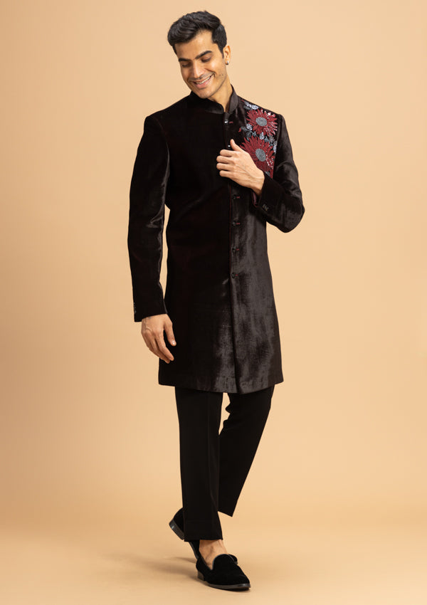Wine Velvet Indo Western With Sequence Work